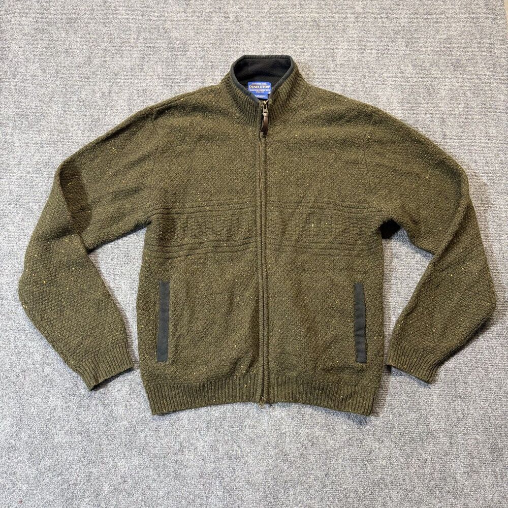 Pendleton Mens M Shetland Wool Full Zip Sweater Jacket Olive Green Donegal